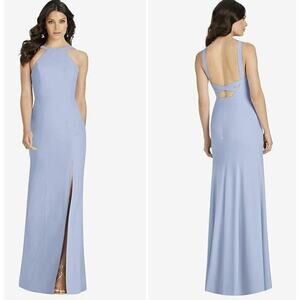 Dessy Collection Bridesmaid Dress Maxi Open Back High Neck Slit Blue NWT 4